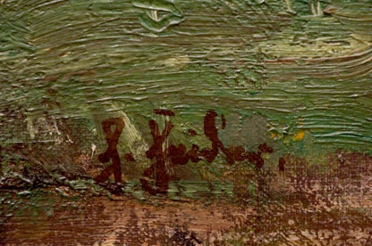Oil painting View of the village with textured green brown brushstrokes and red signature