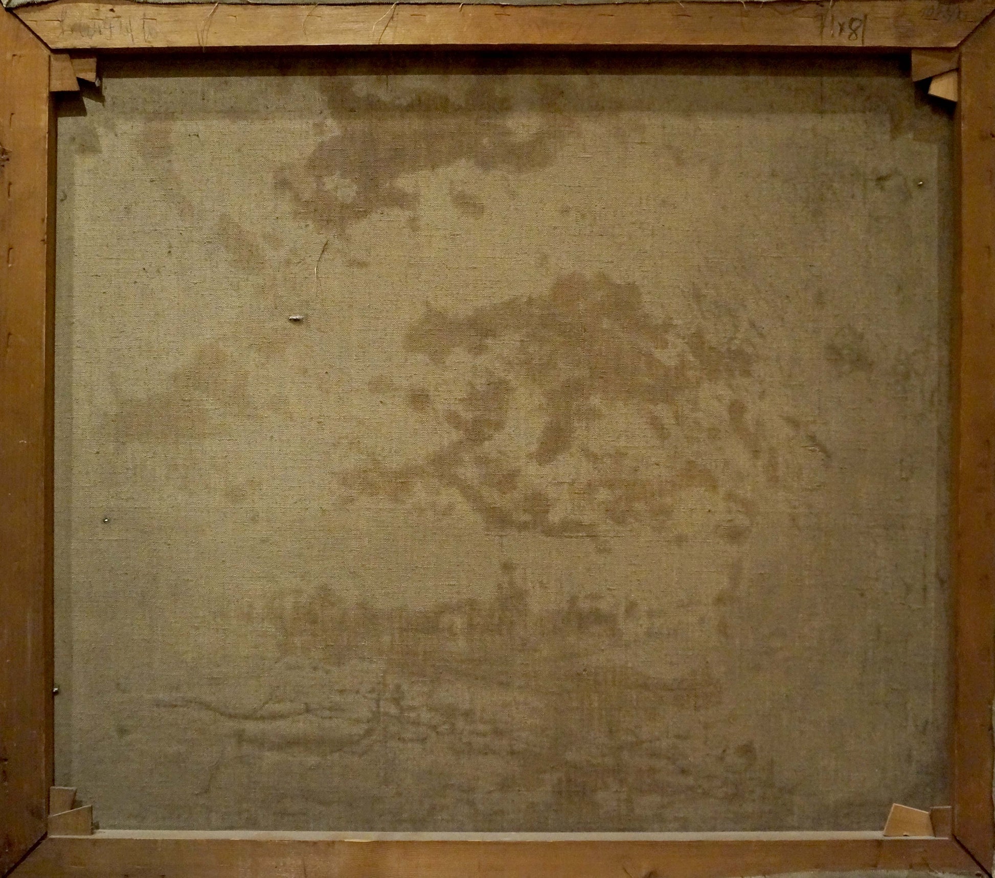 Back of Oil painting View of the village framed canvas with beige linen backing