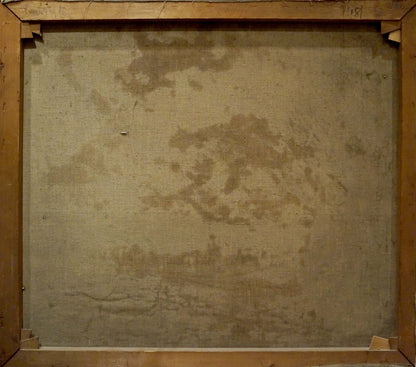 Back of Oil painting View of the village framed canvas with beige linen backing