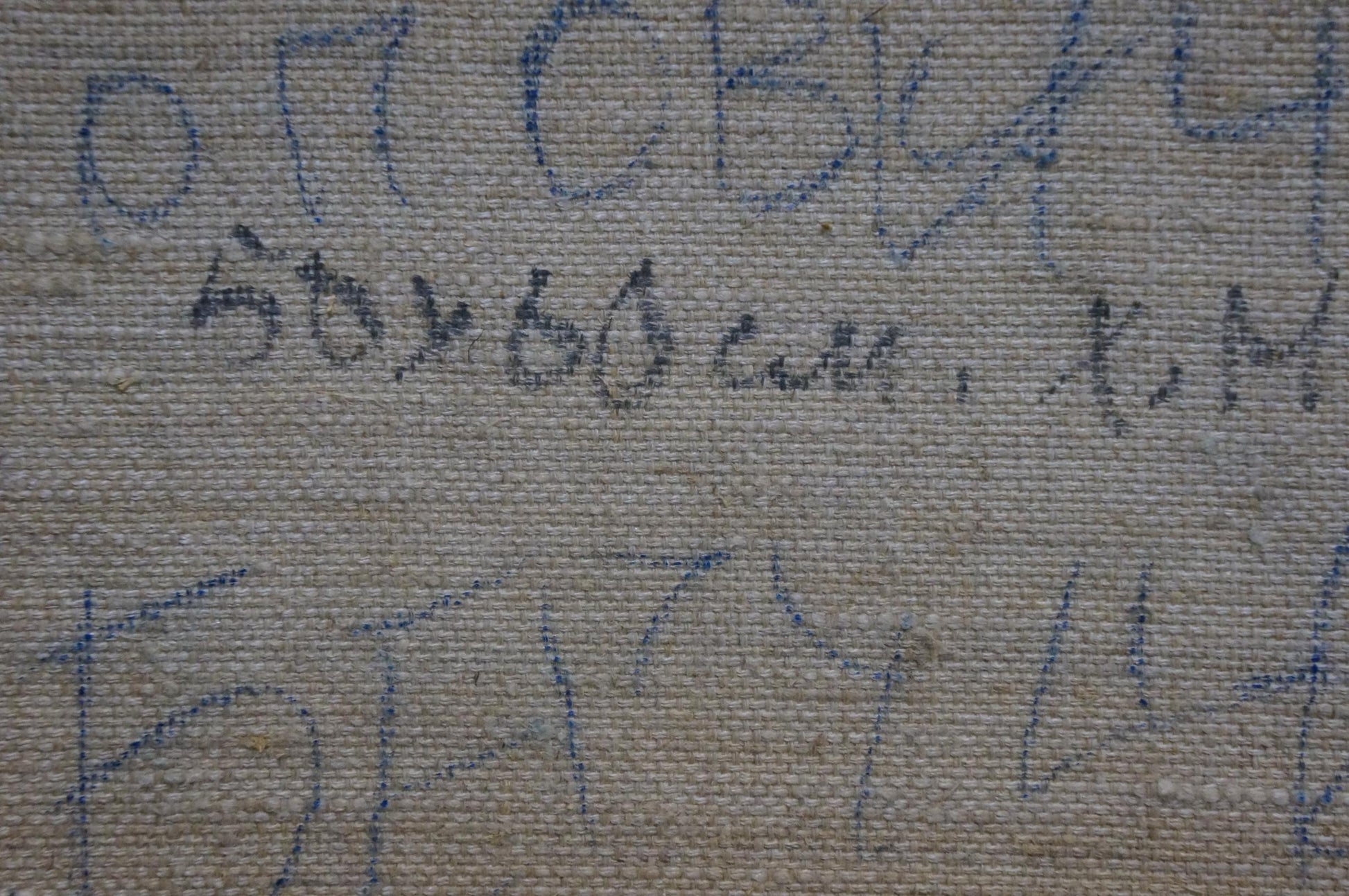 Back of oil painting Jogging by Popovichenko Tatyana Gennadievna, textured beige fabric with blue ink markings