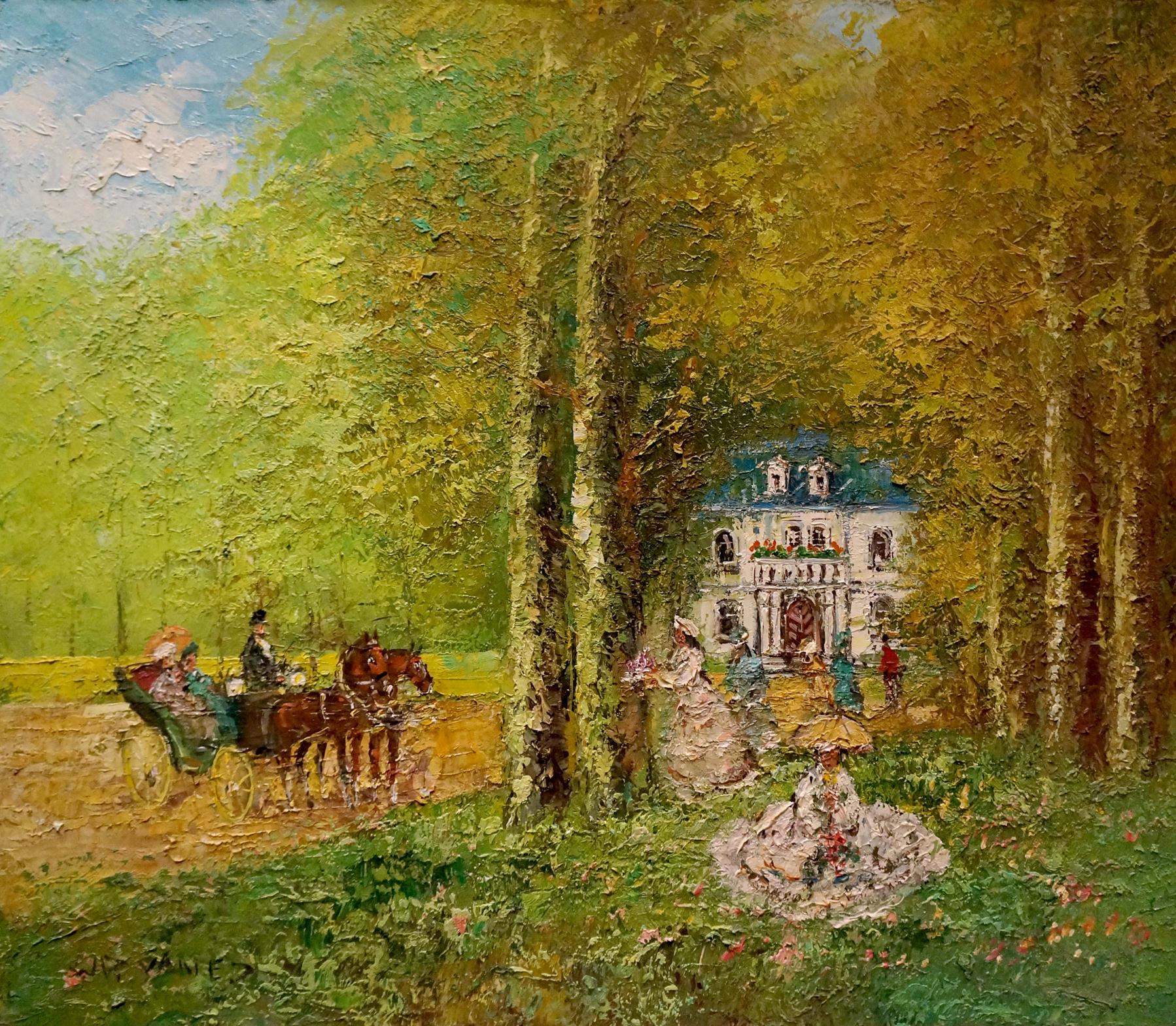 Oil painting by Walter Prescher: vibrant Venetian courtyard scene