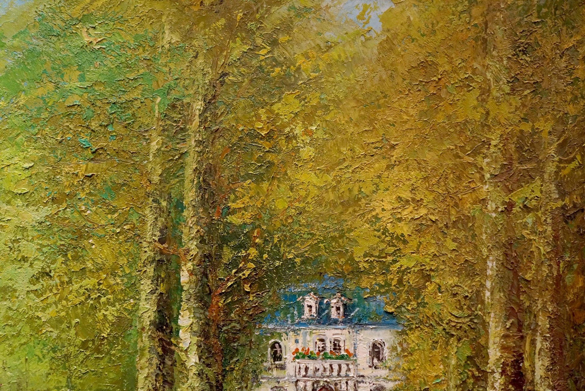 Oil painting by Walter Prescher van Venetian courtyard white house blue roof trees