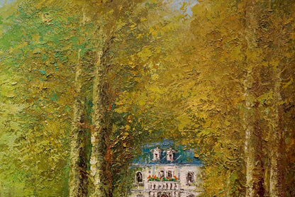 Oil painting by Walter Prescher van Venetian courtyard white house blue roof trees