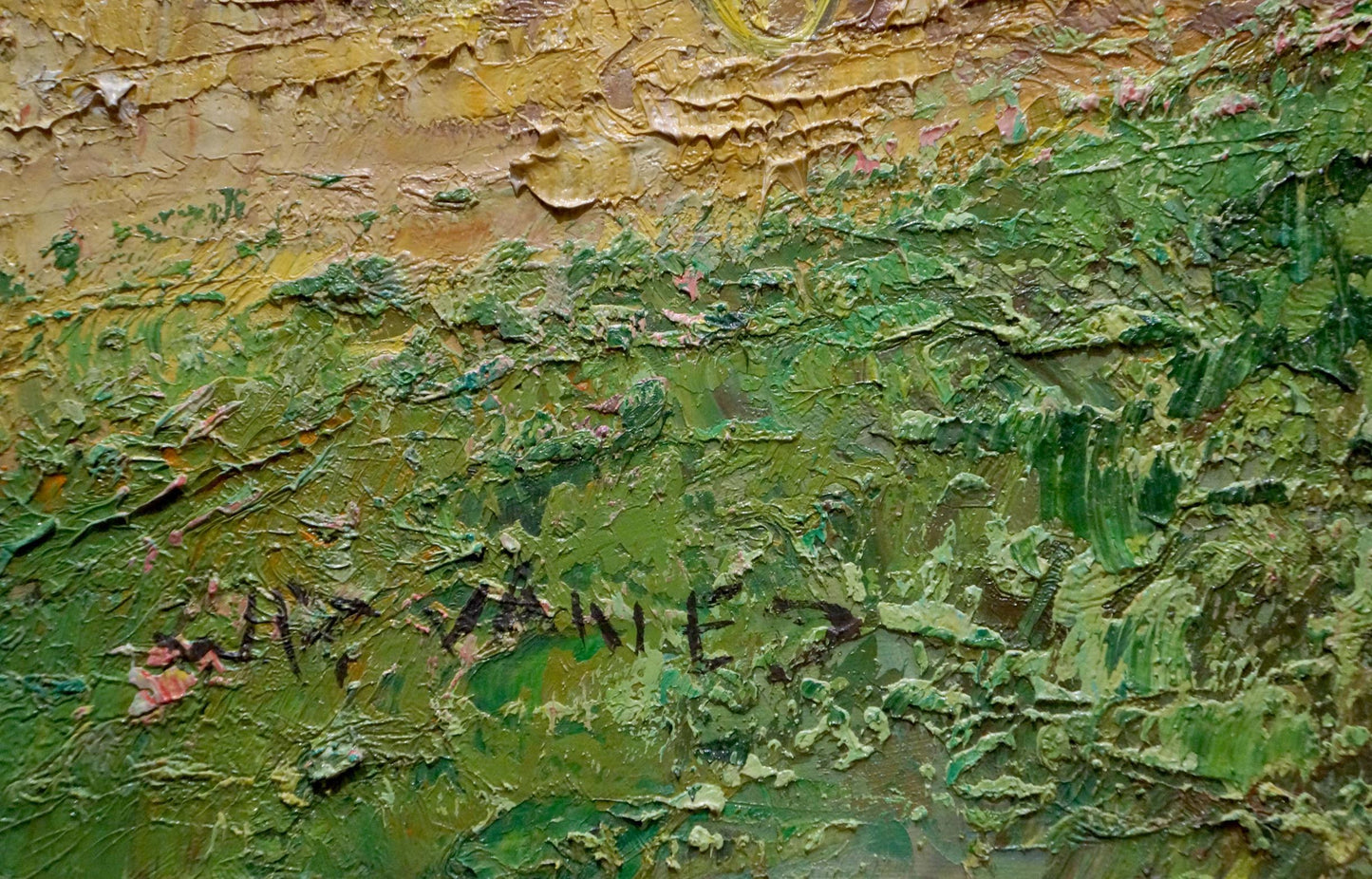 Oil painting of Venetian courtyard by Walter Prescher van in green yellow hues