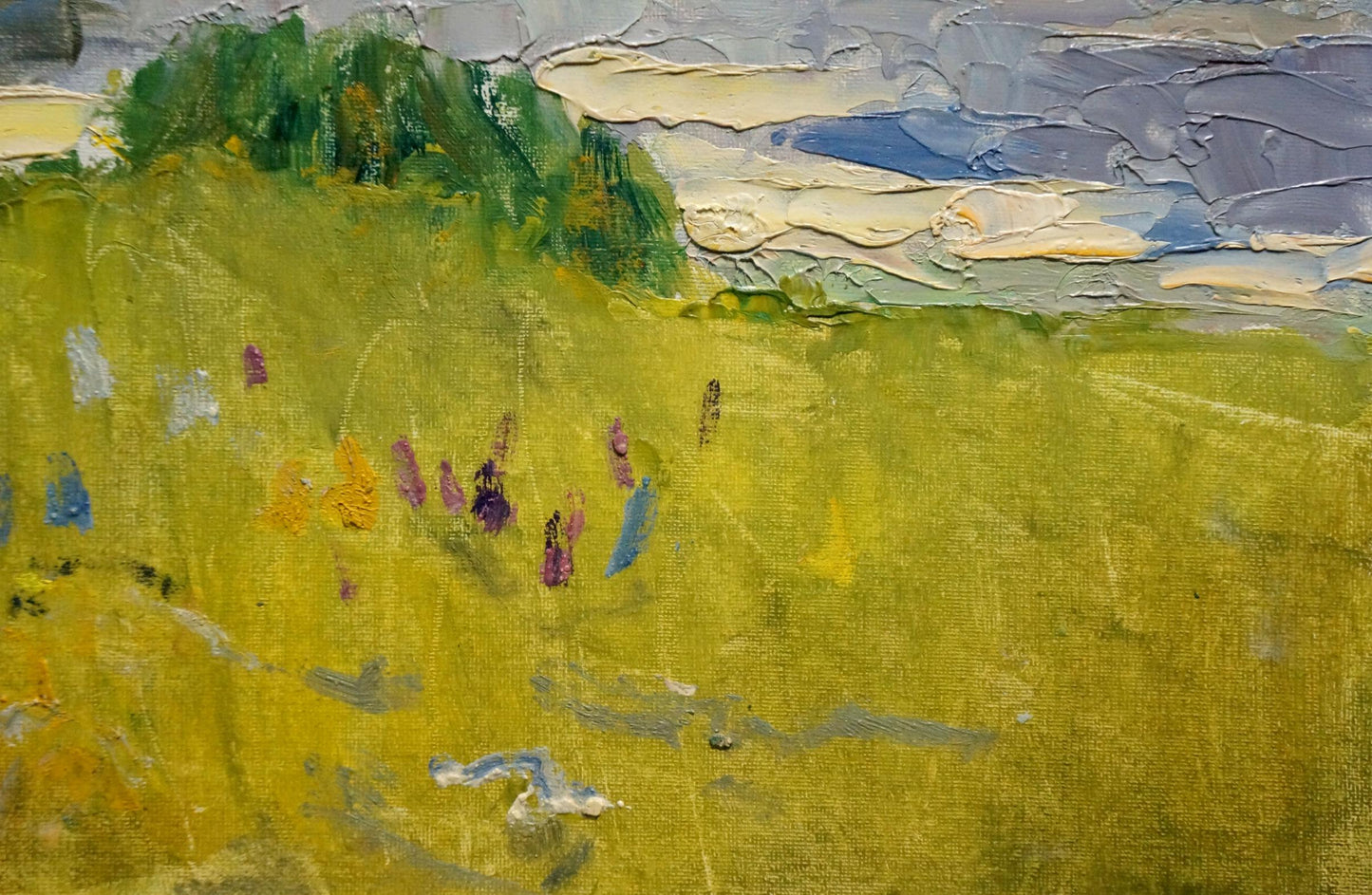 Textured impressionist oil painting by Buryachok Nikolay Ivanovich: vibrant green field with purple yellow flowers under soft sky