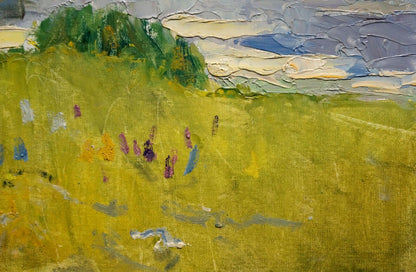 Textured impressionist oil painting by Buryachok Nikolay Ivanovich: vibrant green field with purple yellow flowers under soft sky