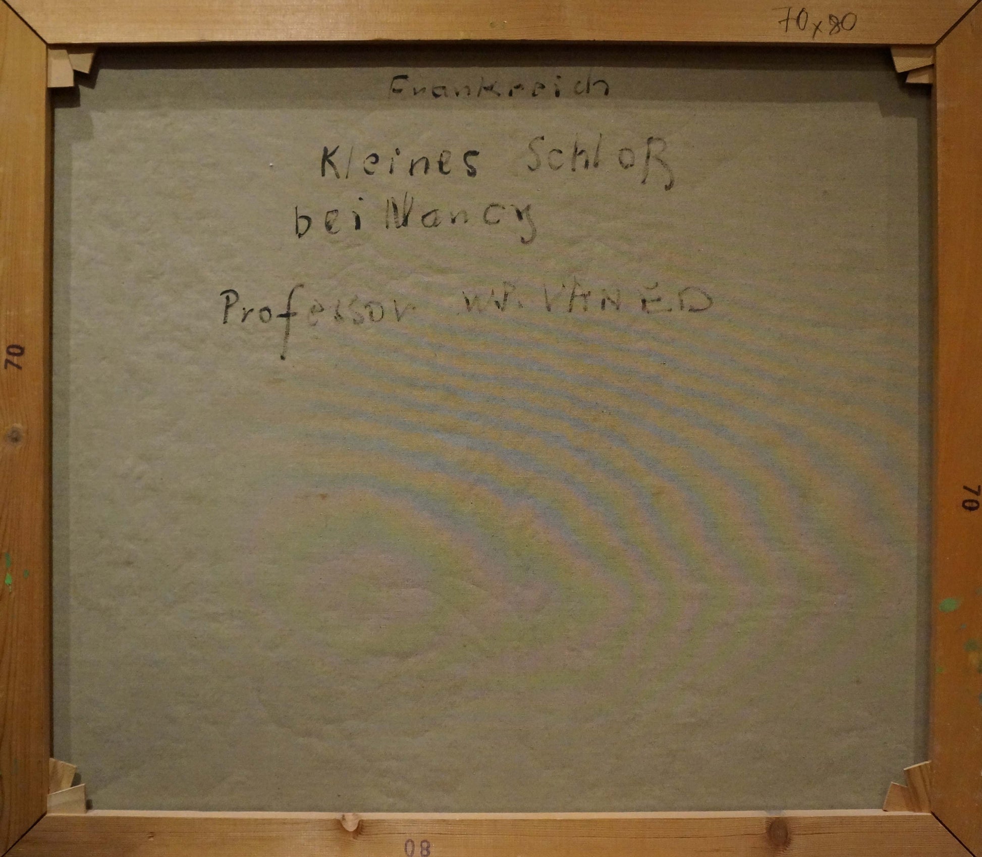 Back of Walter Prescher Venetian courtyard oil painting with German text on gray canvas