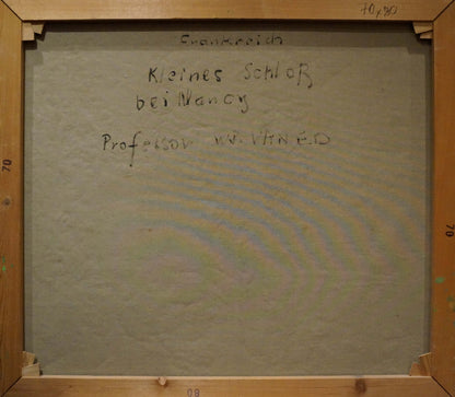Back of Walter Prescher Venetian courtyard oil painting with German text on gray canvas