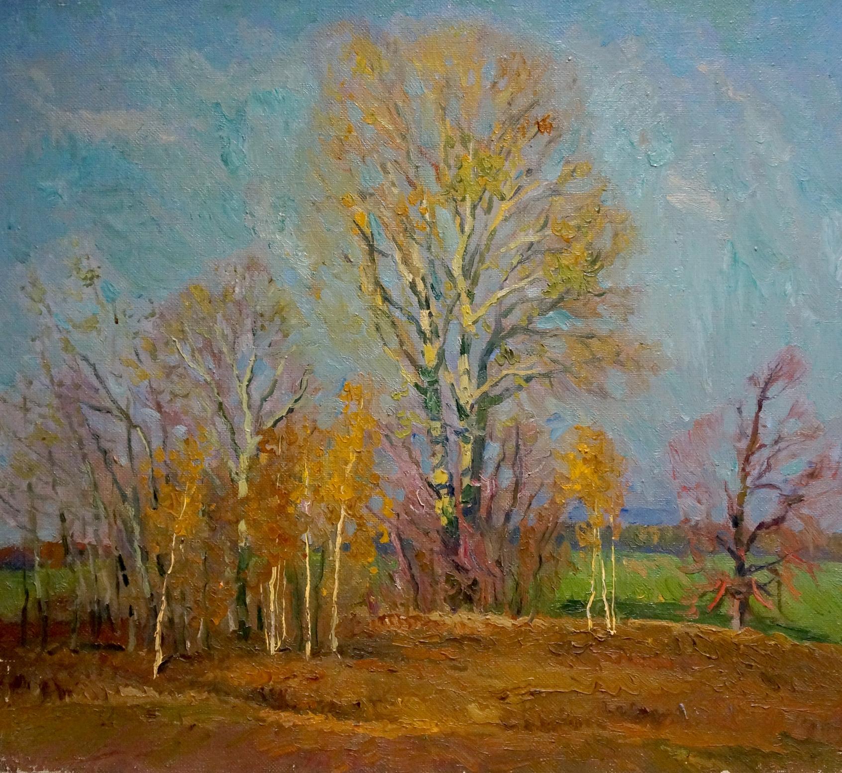 Oil painting Waiting for the Winter by Mynka Alexander Fedorovich, tall tree with golden leaves