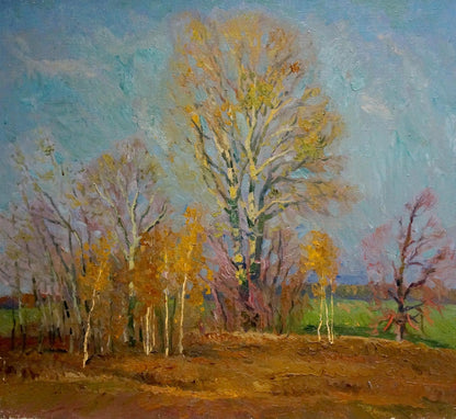 Oil painting Waiting for the Winter by Mynka Alexander Fedorovich, tall tree with golden leaves