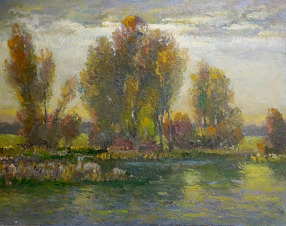 Oil painting Evening Mynka by Alexander Fedorovich: autumn trees by river
