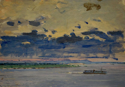 Oil painting After the Rain by Buryachok Nikolay Ivanovich, serene boat on water