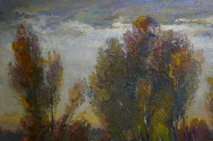 Oil painting Evening Mynka by Alexander Fedorovich, autumn trees in warm hues