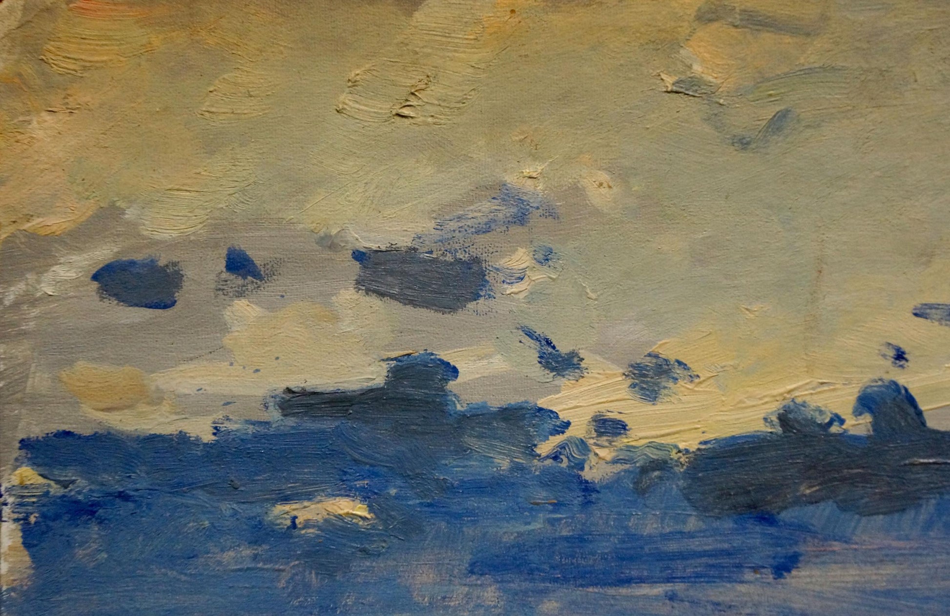 Oil painting After the Rain by Buryachok Nikolay Ivanovich, yellow-gray cloudy sky over blue water
