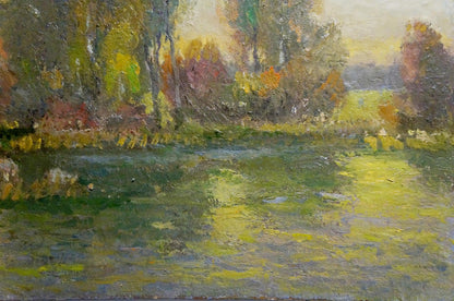 Oil painting Evening Mynka by Alexander Fedorovich: autumn foliage in river