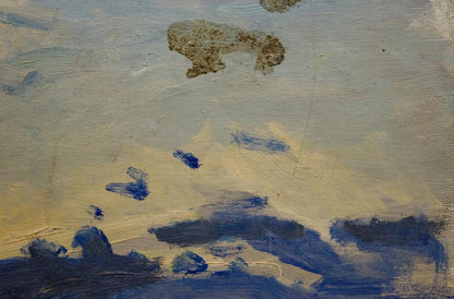 A textured, impressionistic painting of a sky with soft blue and beige brushstrokes.