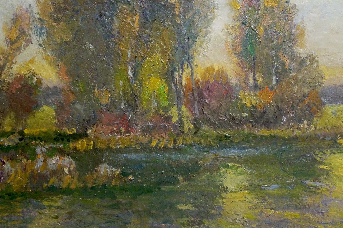 Oil painting Evening Mynka by Alexander Fedorovich: autumn trees by waterway