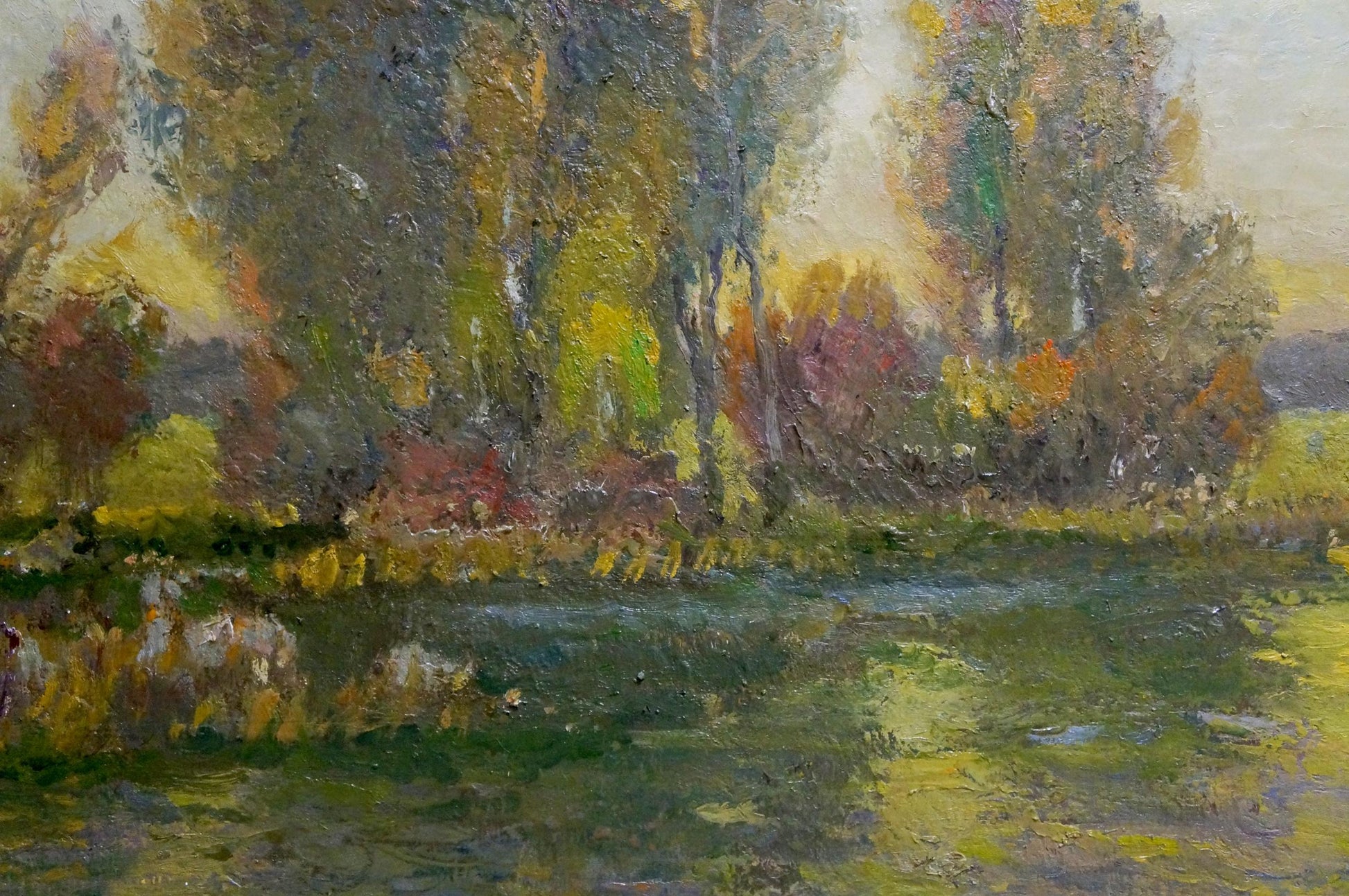 Oil painting Evening Mynka by Alexander Fedorovich: autumn trees by waterway
