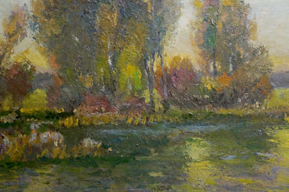 Oil painting Evening Mynka by Alexander Fedorovich: autumn trees by waterway