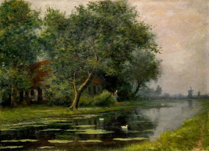 Serene oil painting of ducks on river in Dutch countryside by unknown artist
