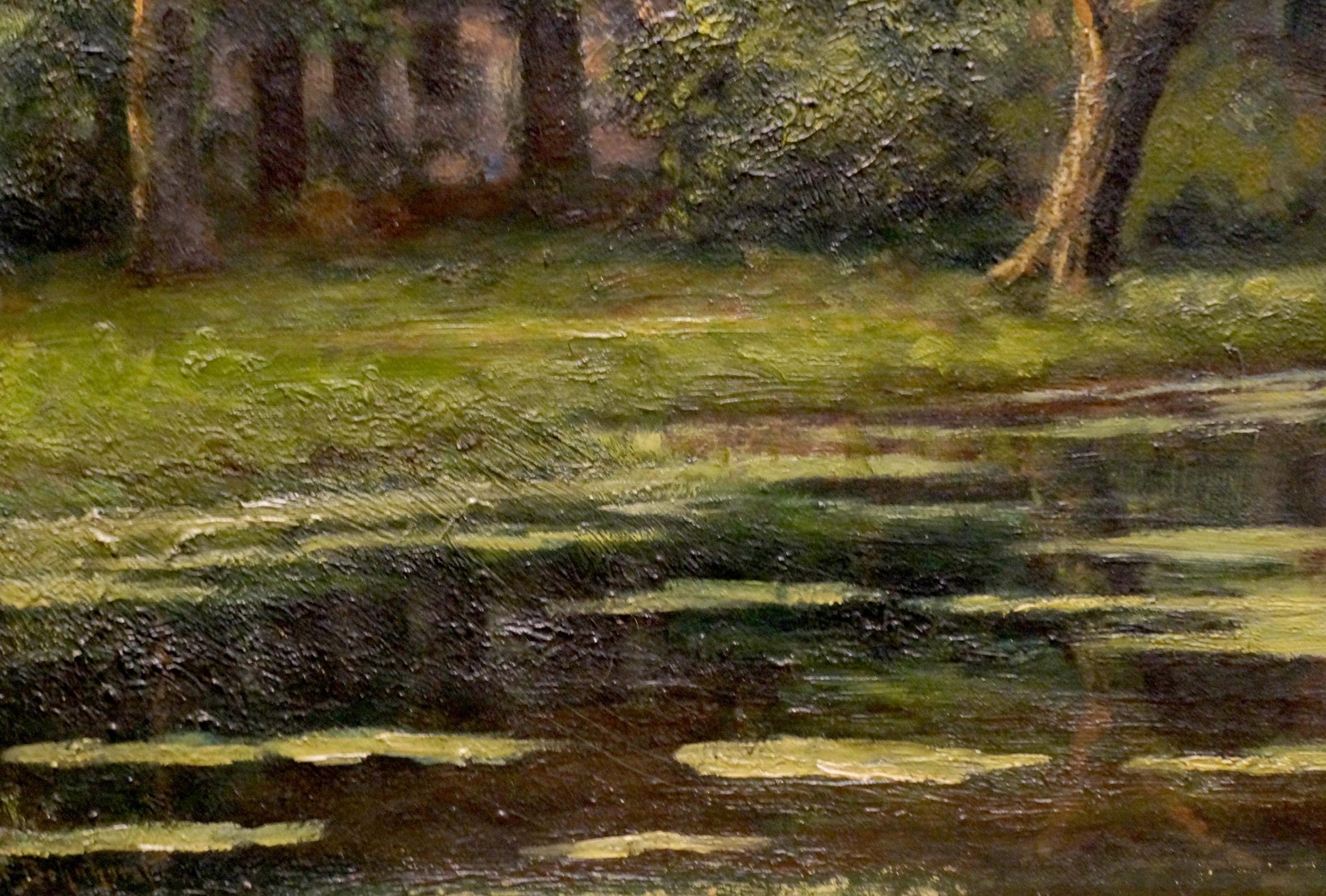 Oil painting of ducks on river with lily pads and trees, unknown artist