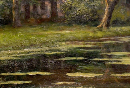 Oil painting of ducks on river with lily pads and trees, unknown artist