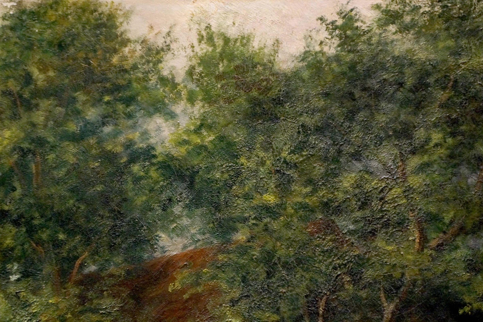 Textured oil painting of ducks on river in dense forest by unknown artist
