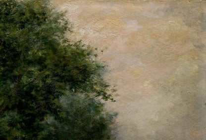 Oil painting of ducks on river with dark green foliage and beige-pink background
