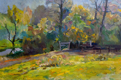 Vibrant impressionist oil painting of sunlit autumn forest by unknown artist