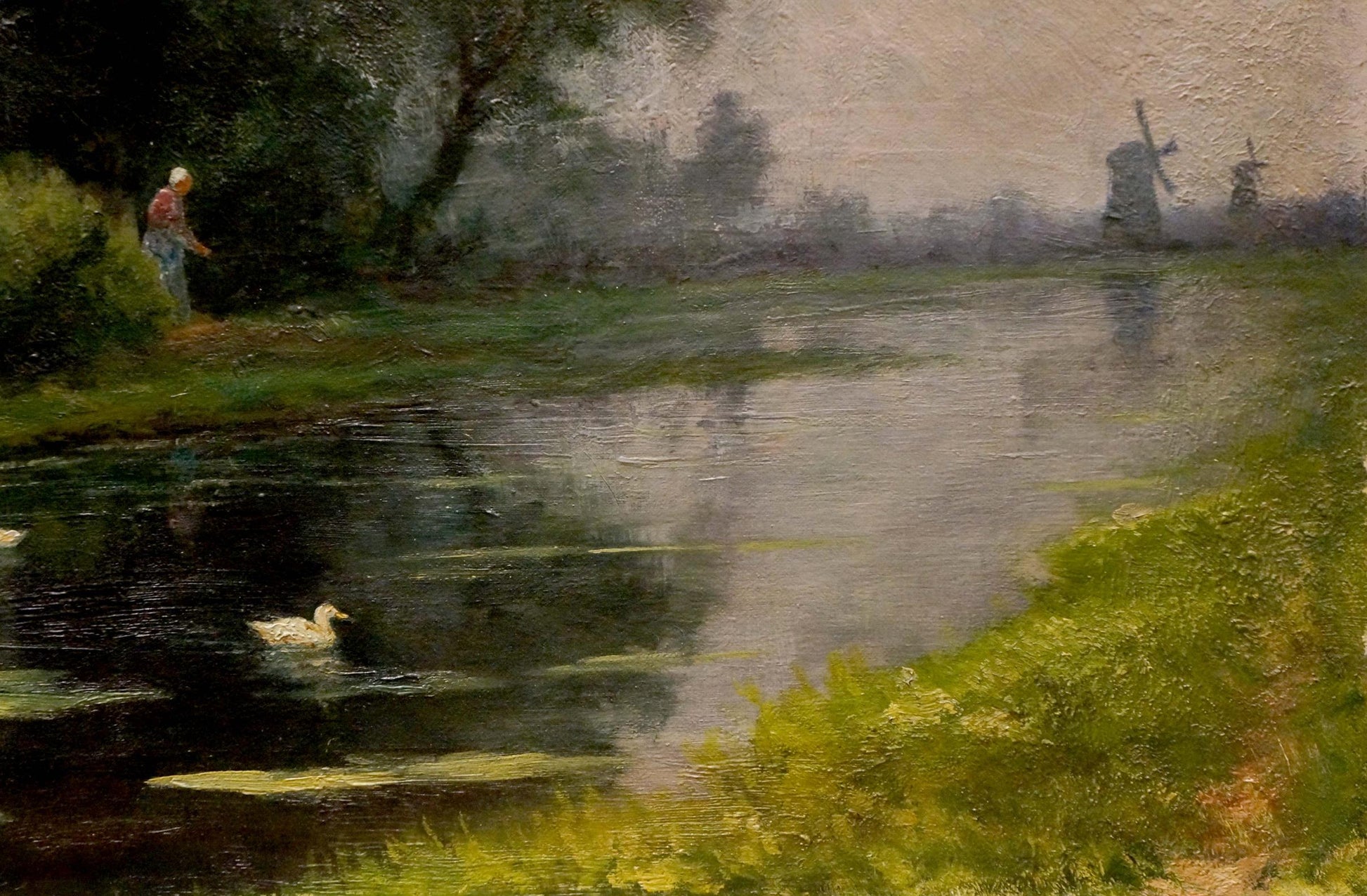 Serene impressionistic oil painting of ducks on misty Dutch river with windmills