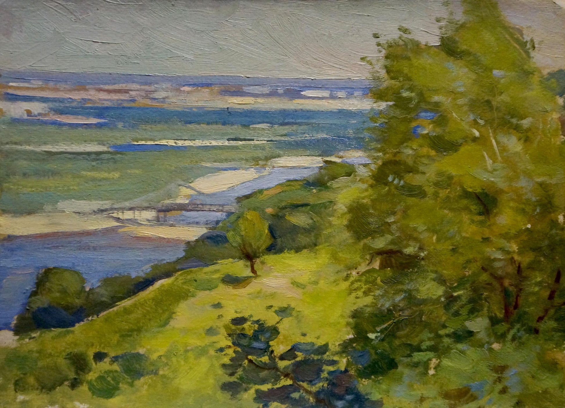 Vibrant impressionist oil painting by Buryachok Nikolay Ivanovich of green hillside and river