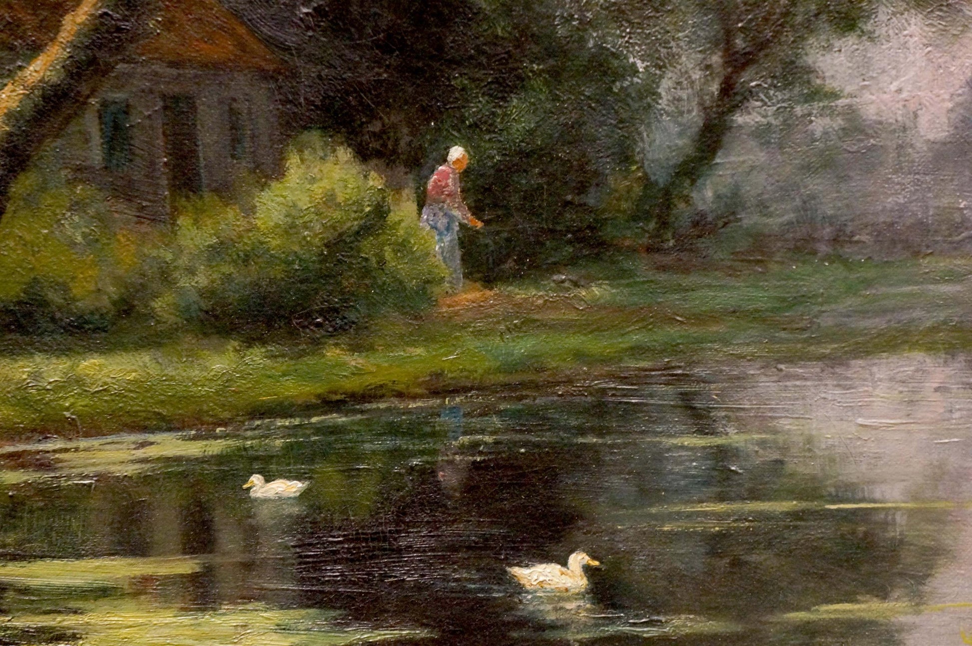 Oil painting of two white ducks on calm river by unknown artist