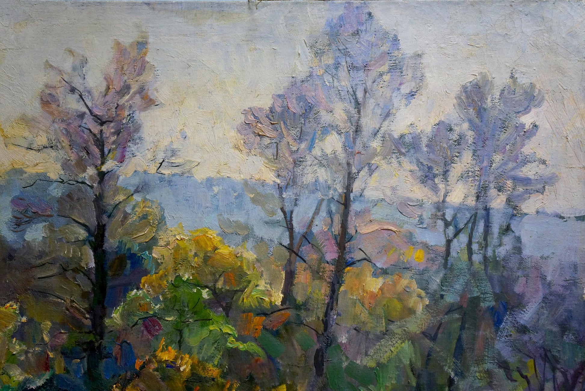 Oil painting of autumn forest with purple yellow green trees by unknown artist
