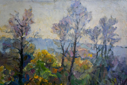 Oil painting of autumn forest with purple yellow green trees by unknown artist