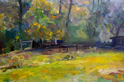 Vibrant impressionistic oil painting of sunlit autumn forest field by unknown artist