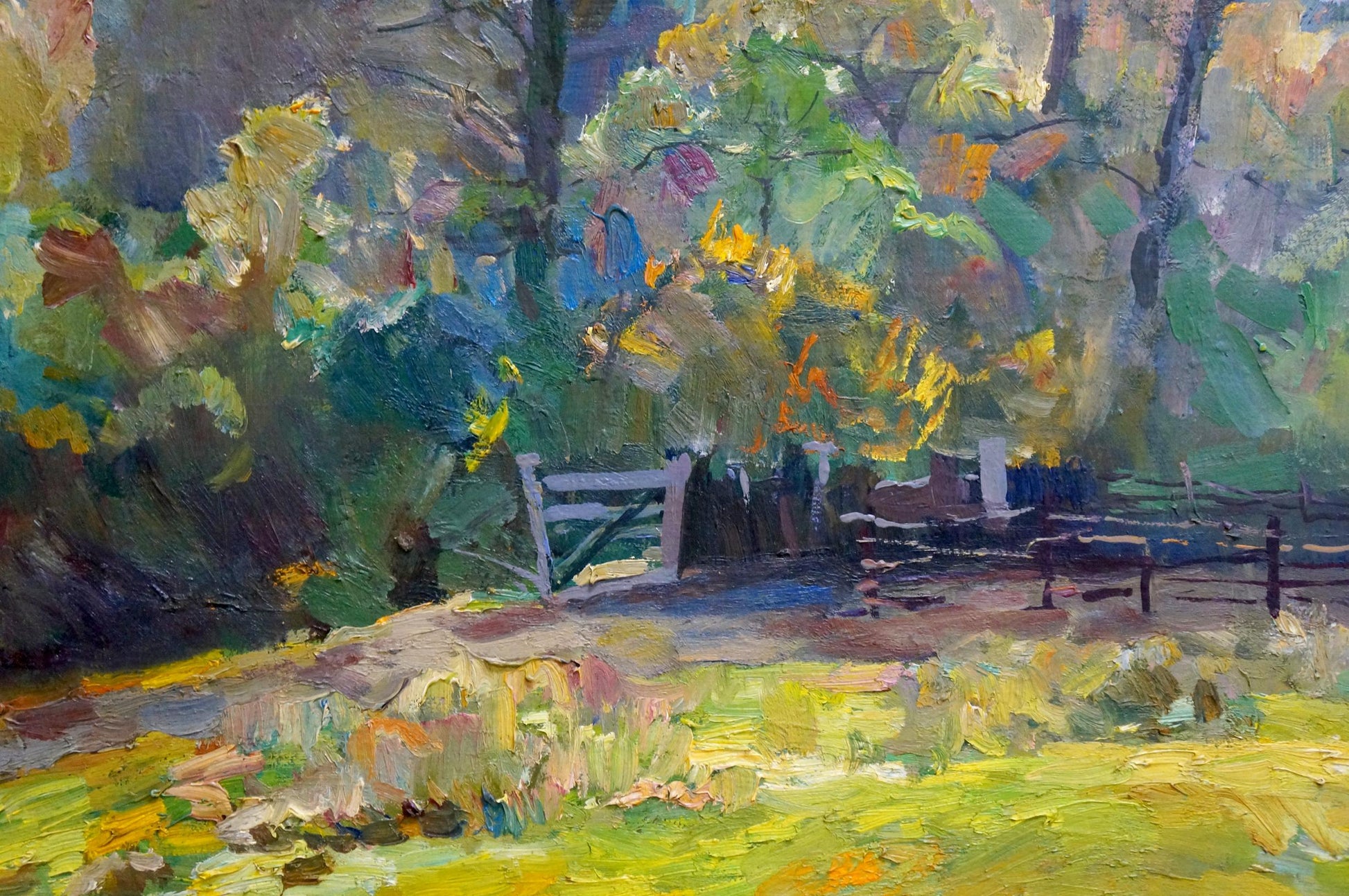 Rustic white wooden gate in autumn foliage oil painting Forest nature