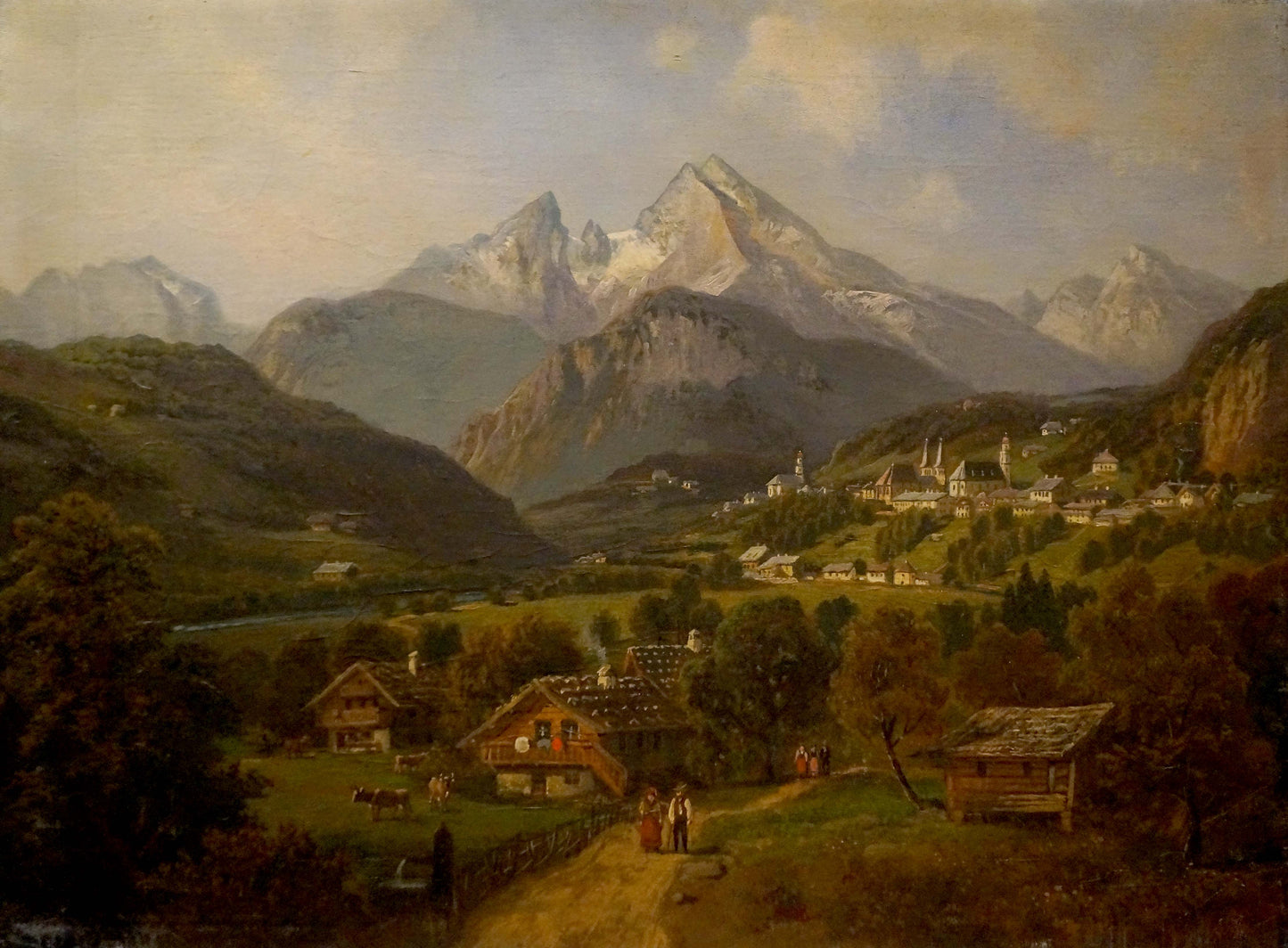 Oil painting of serene mountain village with snow-capped peaks
