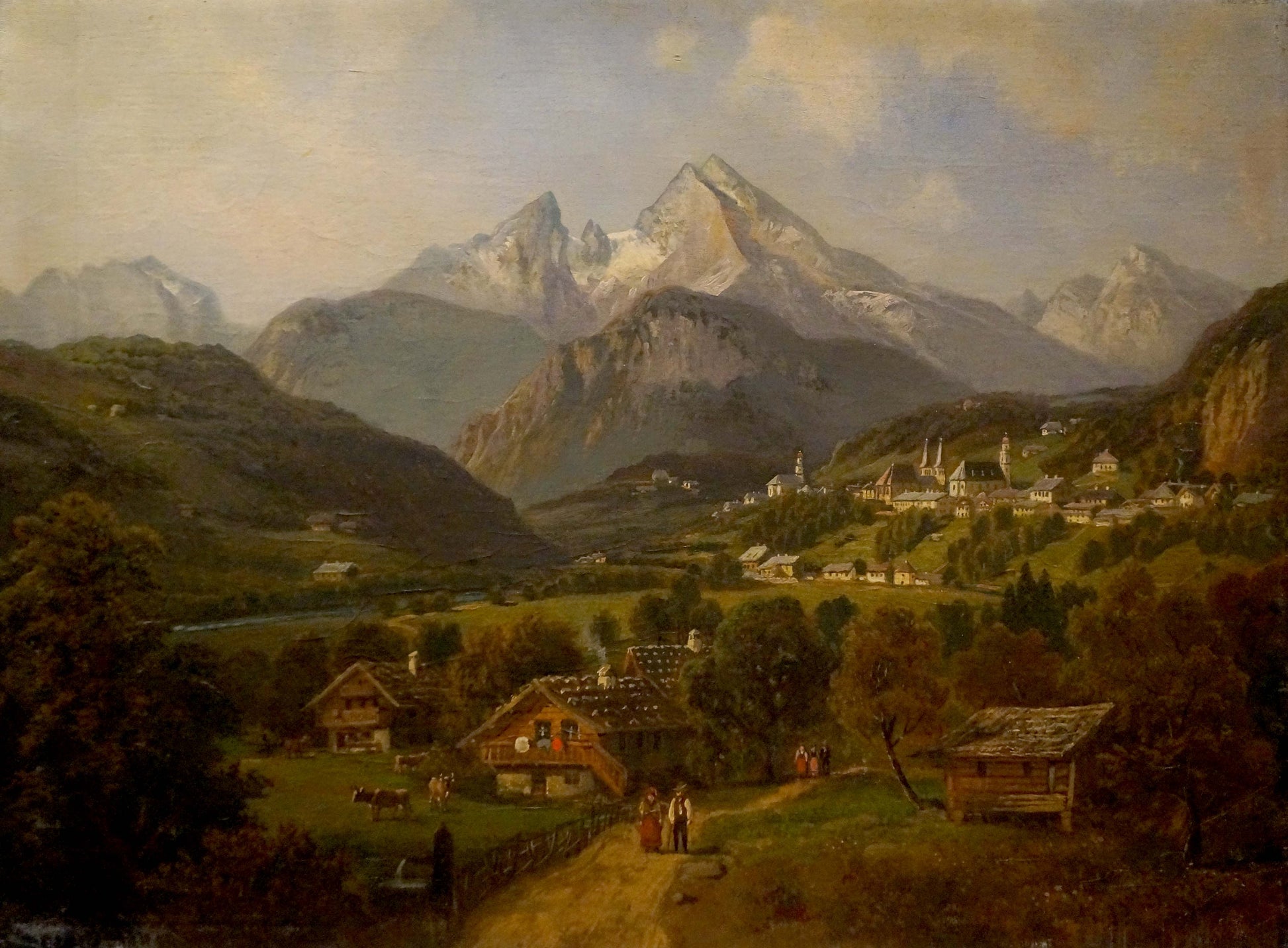 Oil painting of serene mountain village with snow-capped peaks