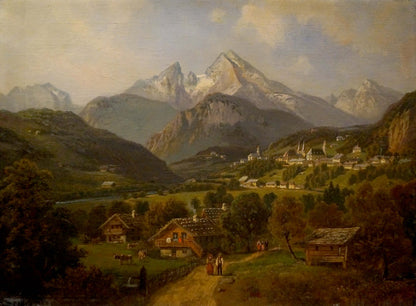 Oil painting of serene mountain village with snow-capped peaks