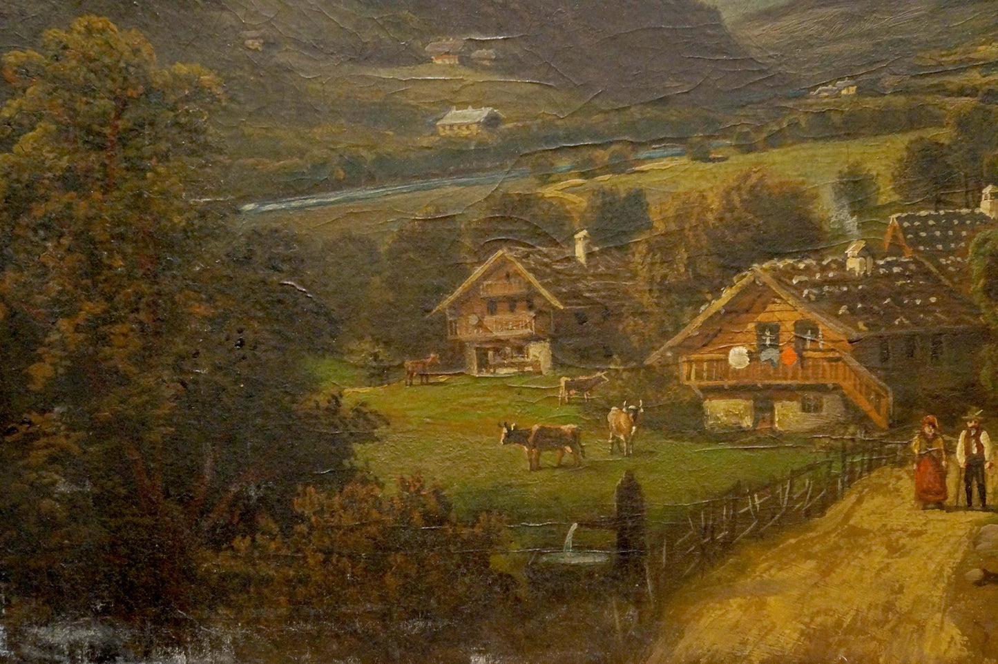 Oil painting of idyllic countryside landscape with rustic houses and cows