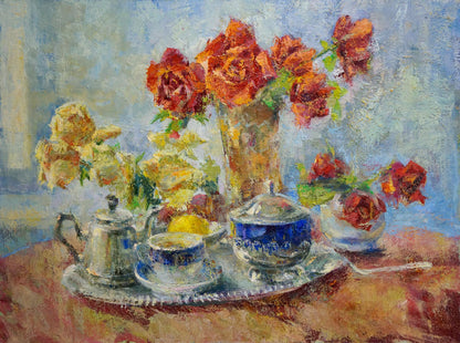 Oil painting of vibrant orange red roses in tall textured vase by Dragomirova Nina Stepanovna