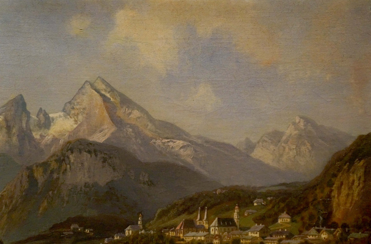 Oil painting of snow-capped mountains and valley village landscape