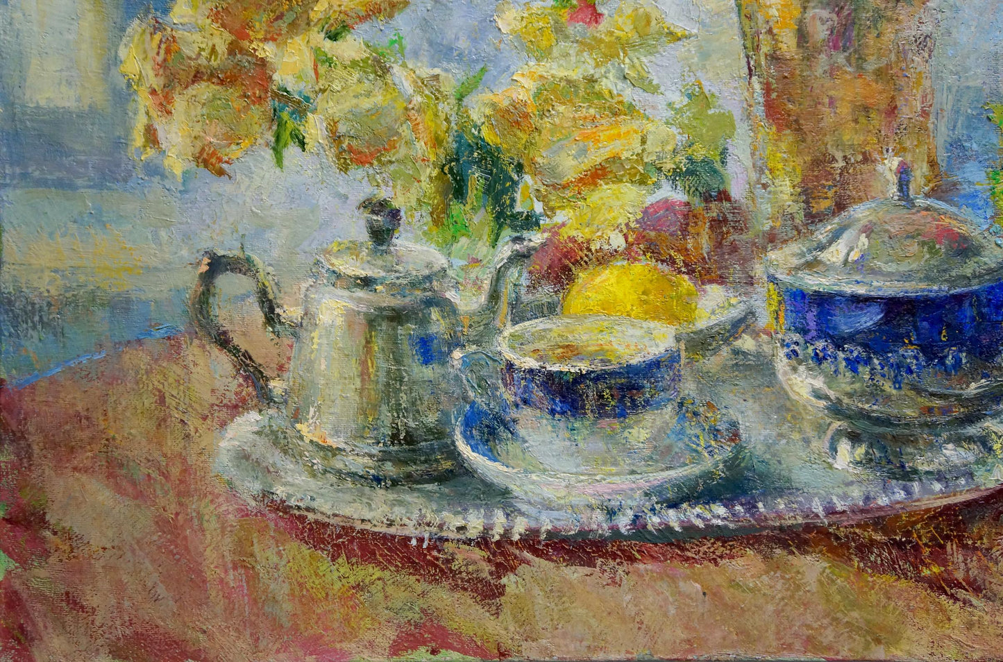 Oil painting of silver teapot on tray by Flowers Dragomirova Nina Stepanovna