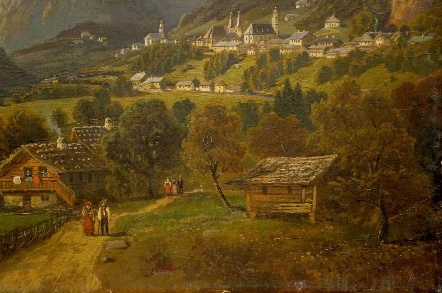 Oil painting of rustic wooden cabin in verdant mountains