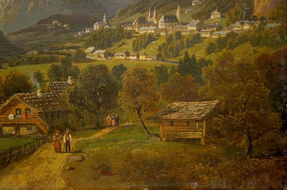 Oil painting of rustic wooden cabin in verdant mountains