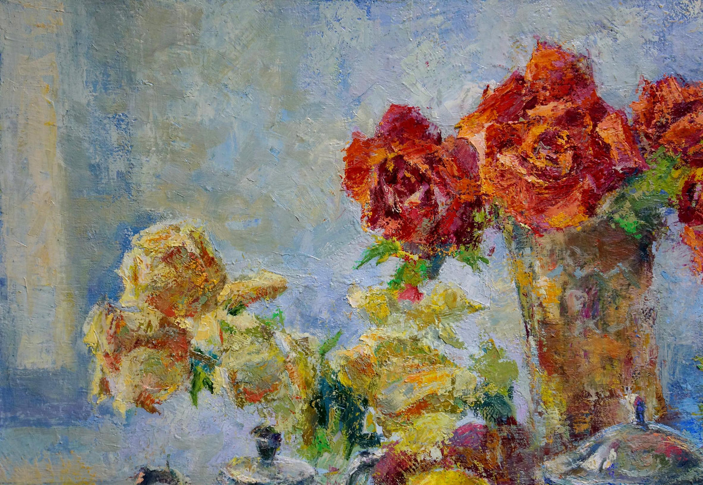 Oil painting of vibrant red yellow roses in earth-toned vase by Dragomirova Nina Stepanovna