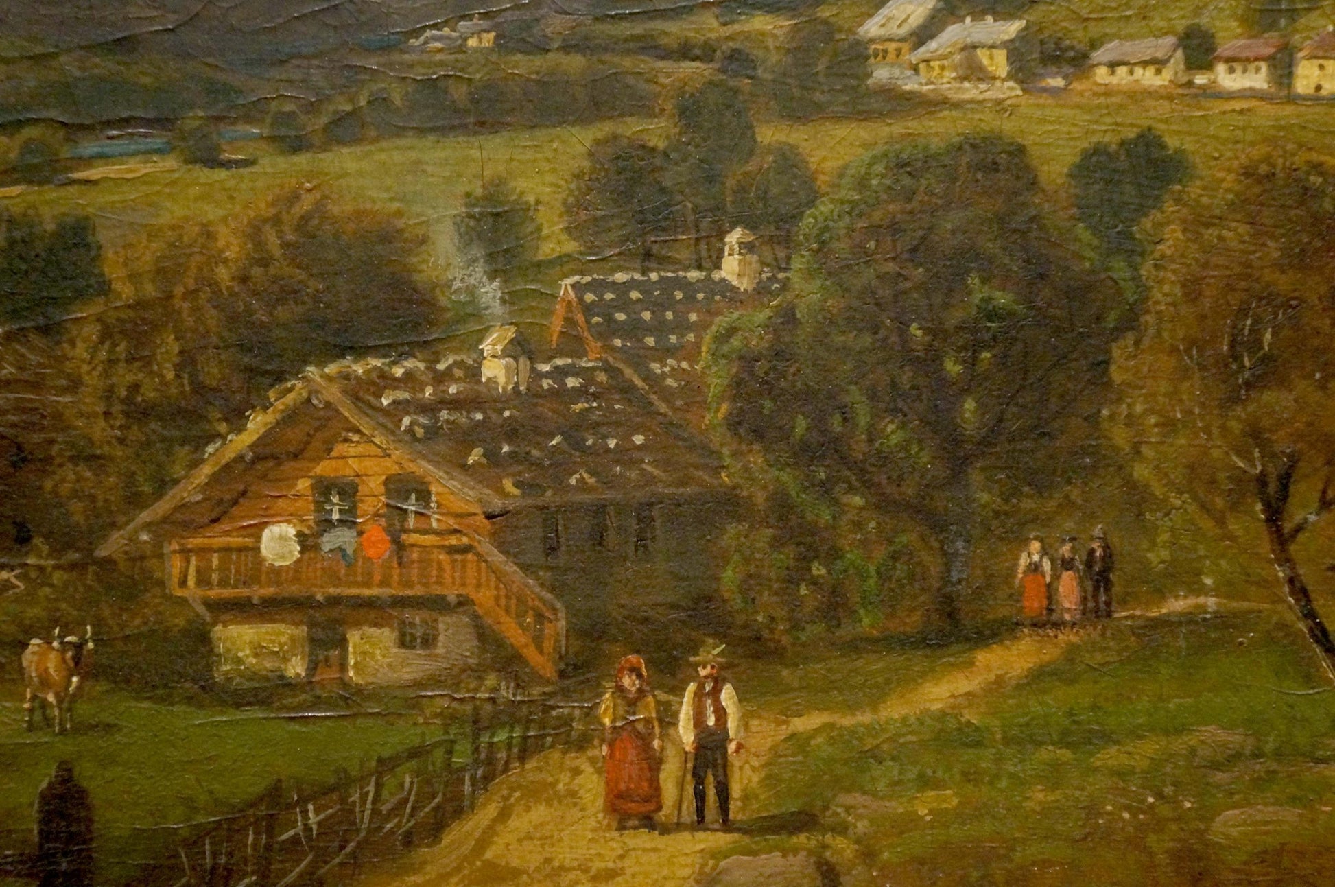 Oil painting of rustic wooden house with dark roof, warm walls, balcony laundry