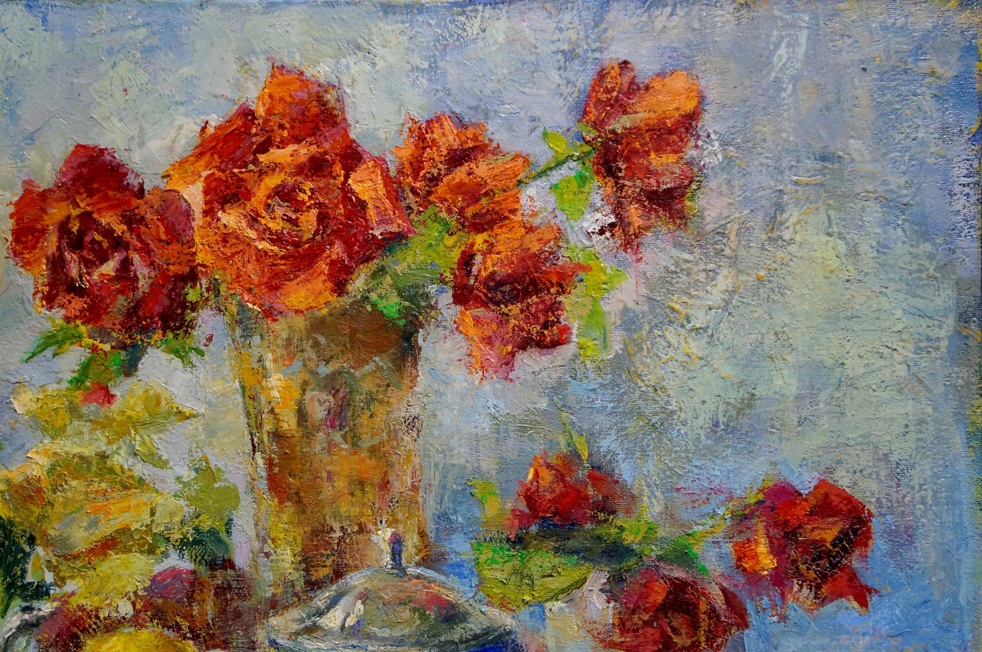 Oil painting Flowers by Dragomirova Nina Stepanovna: vibrant roses in vase