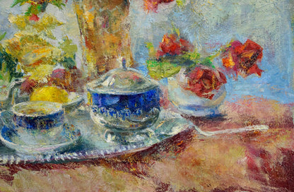 Blue ceramic sugar bowl with silver lid on saucer by Dragomirova Nina Stepanovna