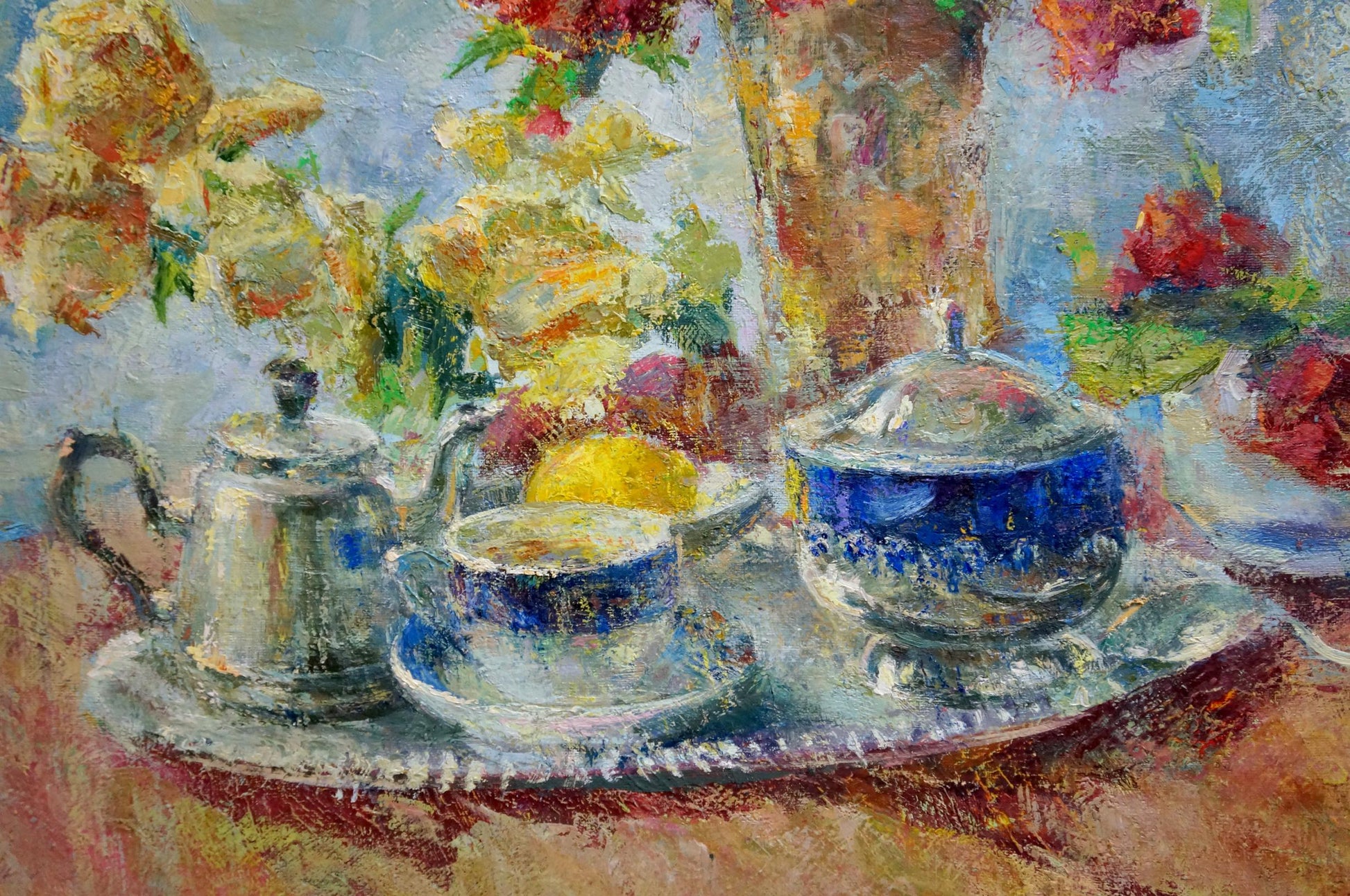 Blue silver porcelain teacup with gold trim on saucer by Dragomirova Nina Stepanovna